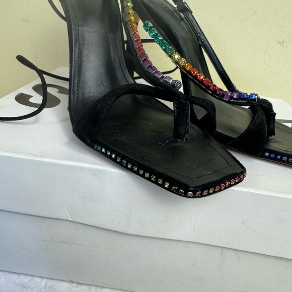 Schutz NEW Vikki Leather Strappy Crystals Ankle Ties Straps Heels Sandal Black 9 - Picture 10 of 16